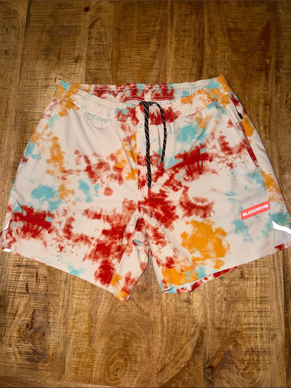 Men’s Tie-Dye Athletic Shorts in Beige with Red, Orange & Blue Accents